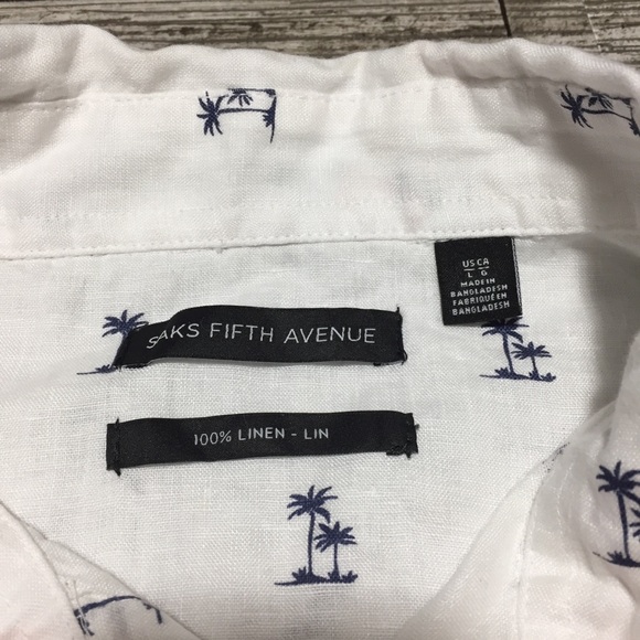 Saks Fifth Avenue 100% Linen Palm Tree Floral Button Up Shirt Men’s L White Blue - Picture 6 of 8